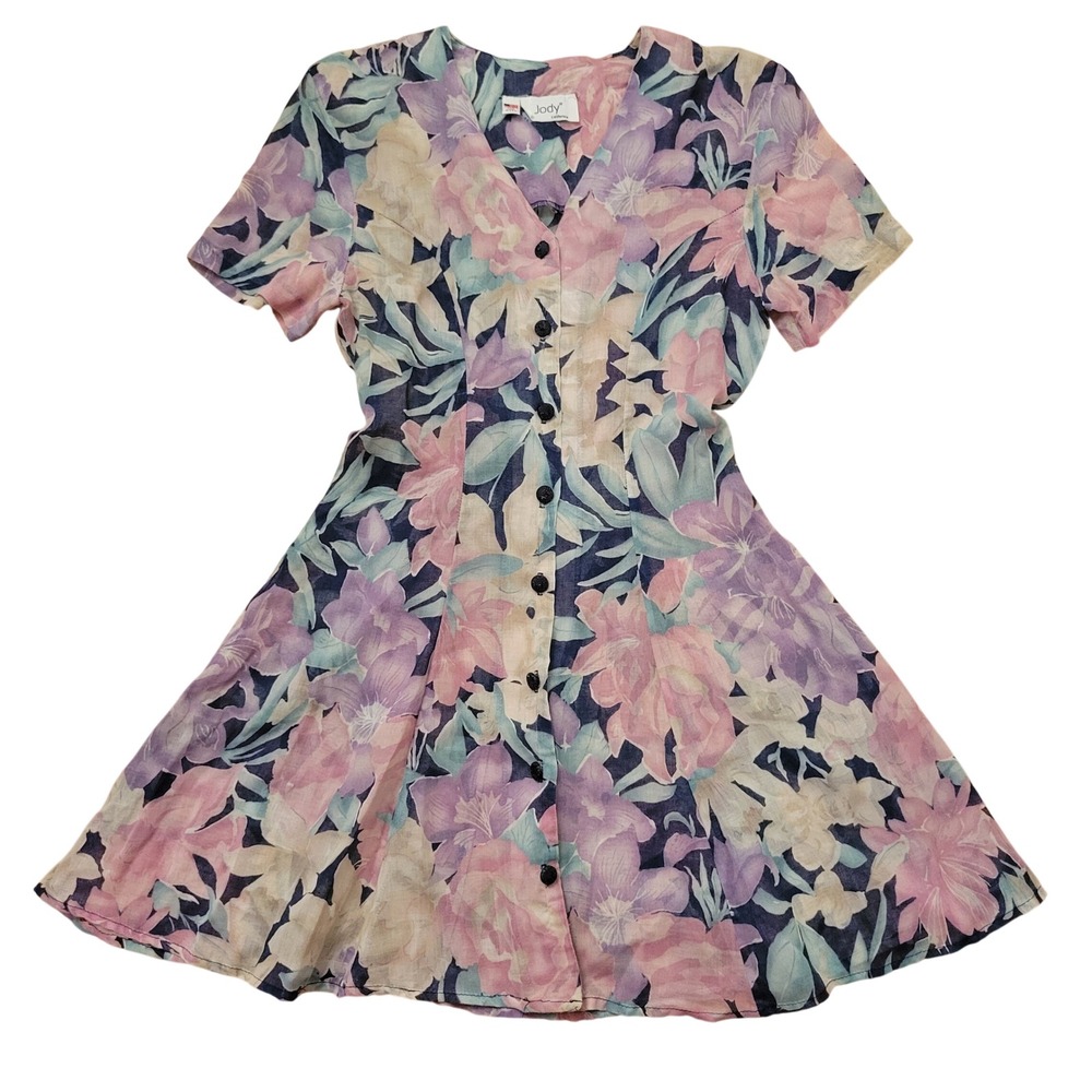 Jody S Mini Dress Pink Floral Corset Back Button Front 90s Vintage Swing Cottage
